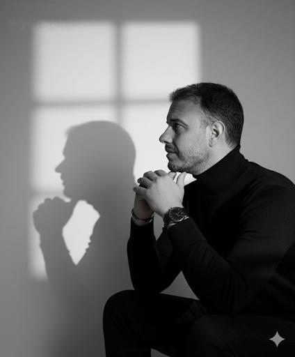 Retrato editorial em preto e branco de Fábio Barboni em perfil